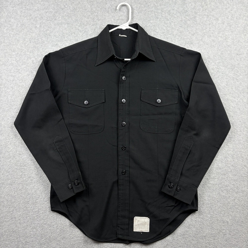 Vintage Military Shirt Mens Medium Black Rayon Twill Two Pocket Work US Navy 80s